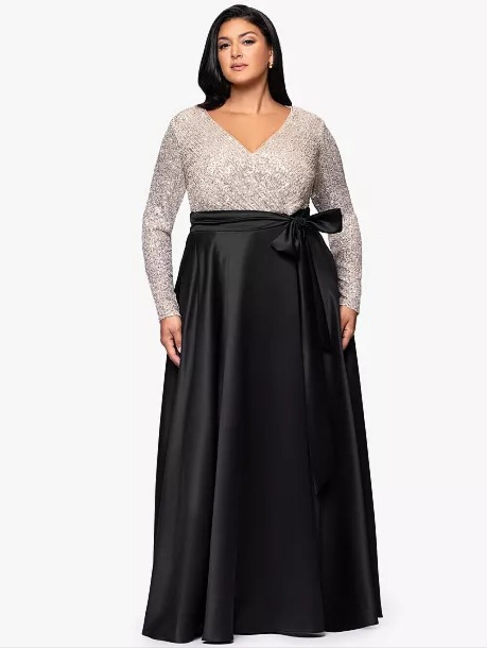 Xscape Long Sleeve Silver Sequin Ballgown Black Skirt Formal Event Dress Size 16